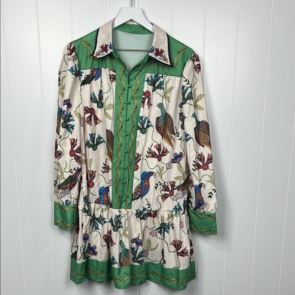 Women’s Mini Dress XL Green Cream Peacock & Floral Button Up Whimsy Flattering - Picture 1 of 15